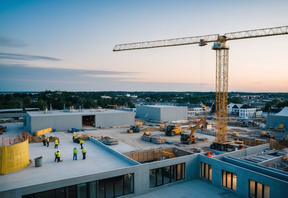 Aarhus byggeplads der er rolig og organiseret under opsyn af en erfaren totalentreprenør med arbejdere der effektivt udfører deres opgaver